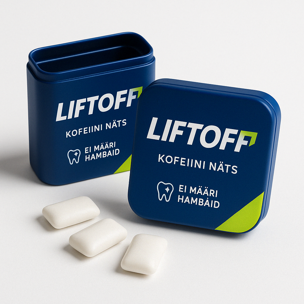 LiftOff caffeine gum - Blue metal box with white gum pieces showing the product packaging in navy blue with white text and a green accent, alongside three white gum pieces